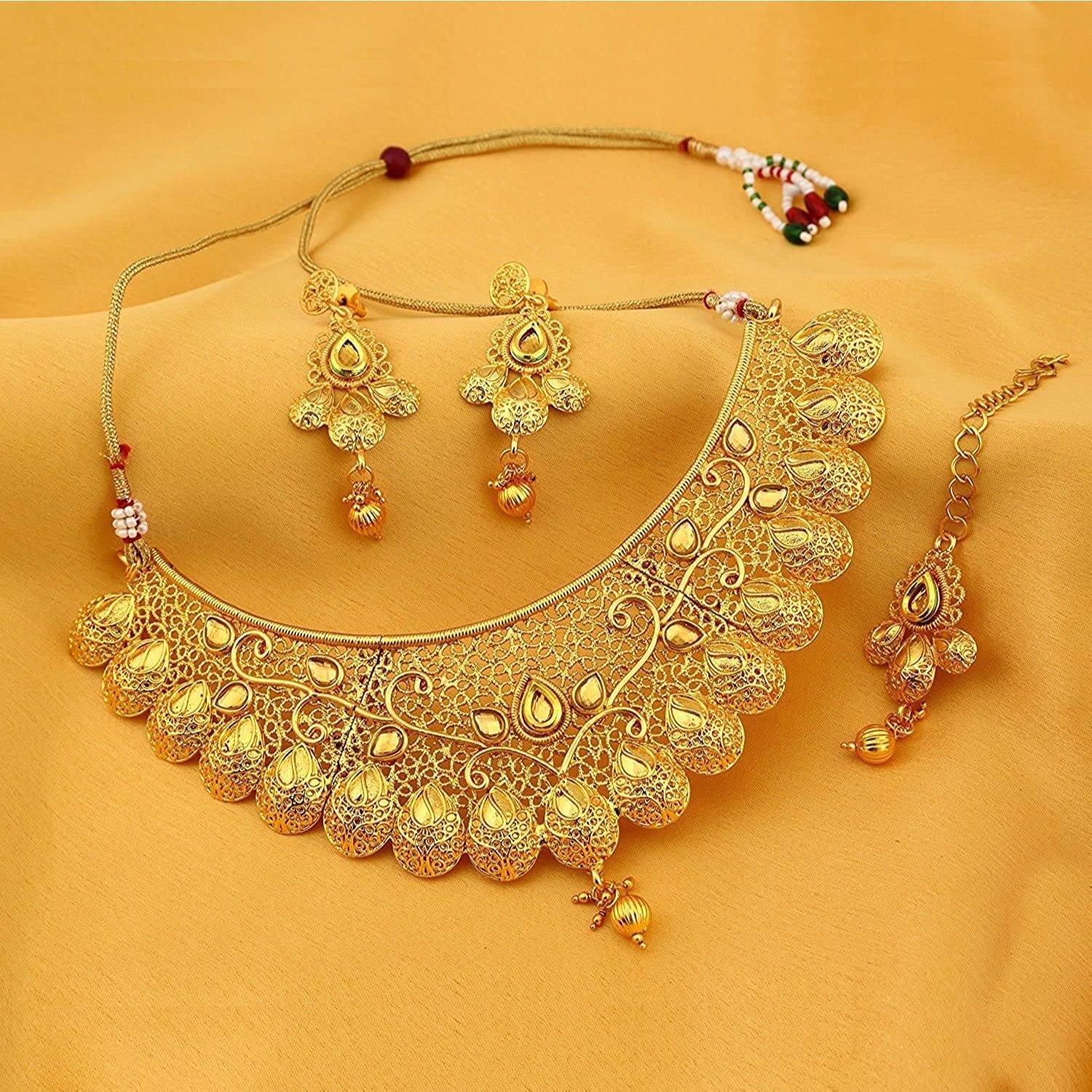 Efulgenz Indian Bollywood Traditional Crystal Pearl Wedding Choker Necklace Earrings Maang Tikka Jewelry Set - Image 9